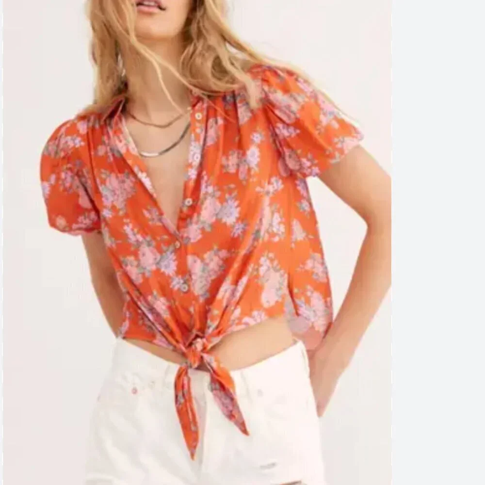 Free People Celia Blouse Top Short Sleeve Shirt Tie Front Floral Red Size Small